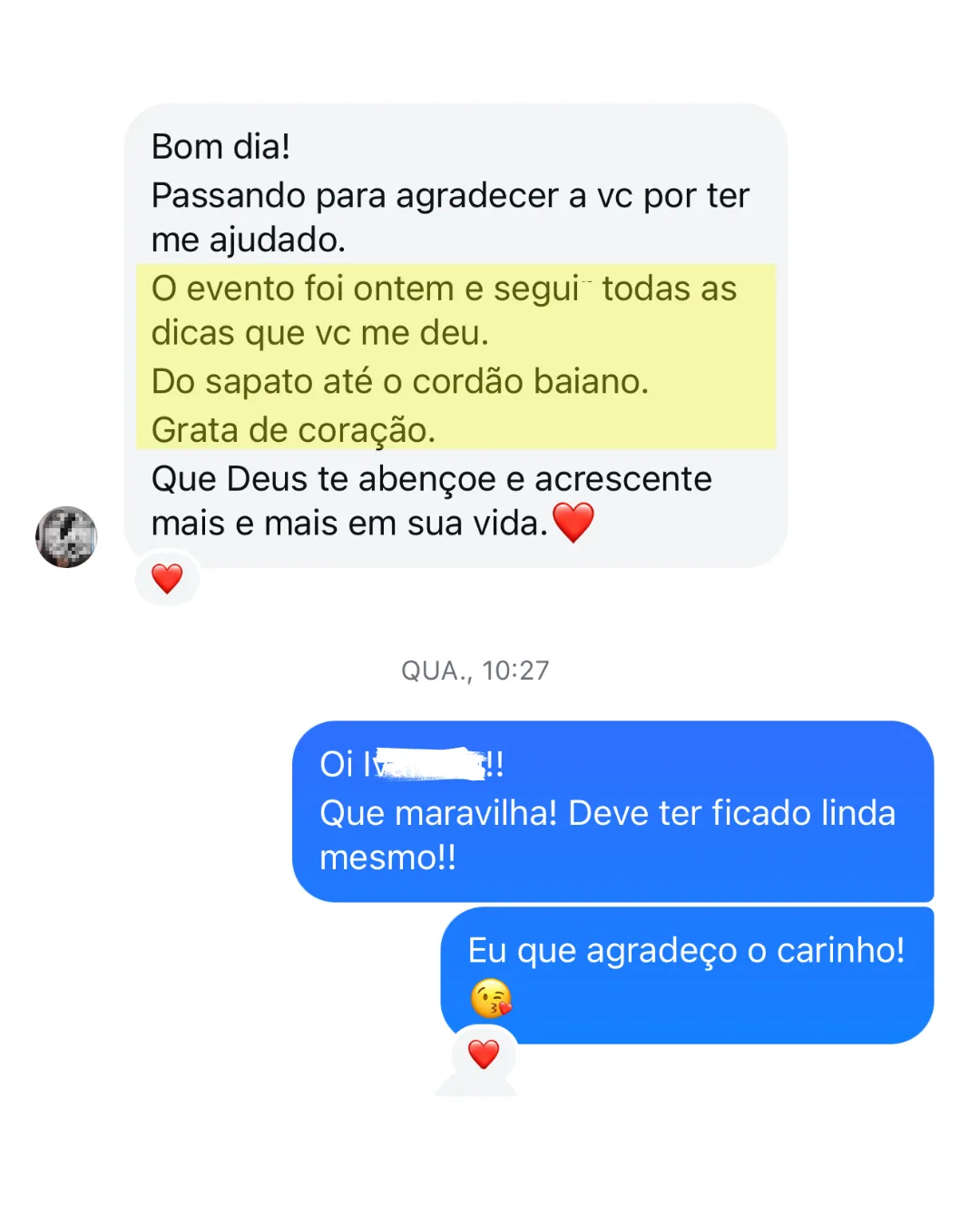 Cliente agradecendo após seguir todas as dicas de estilo para um evento, do sapato ao acessório