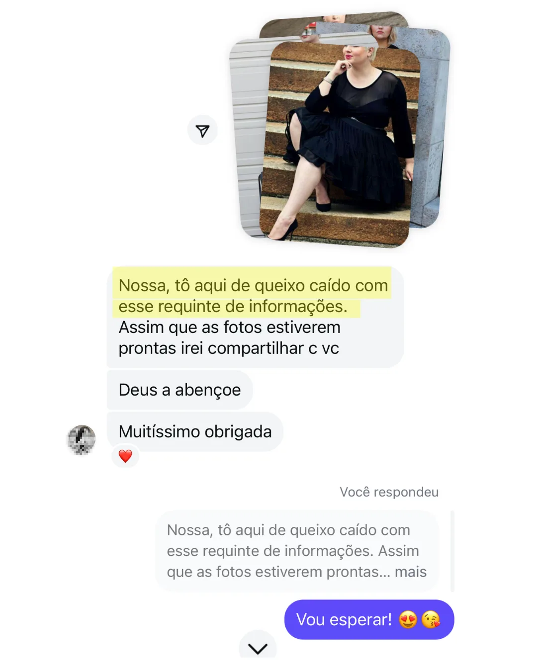 Cliente de queixo caído com o requinte das informações do e-book, ao lado das fotos de looks plus size elegantes